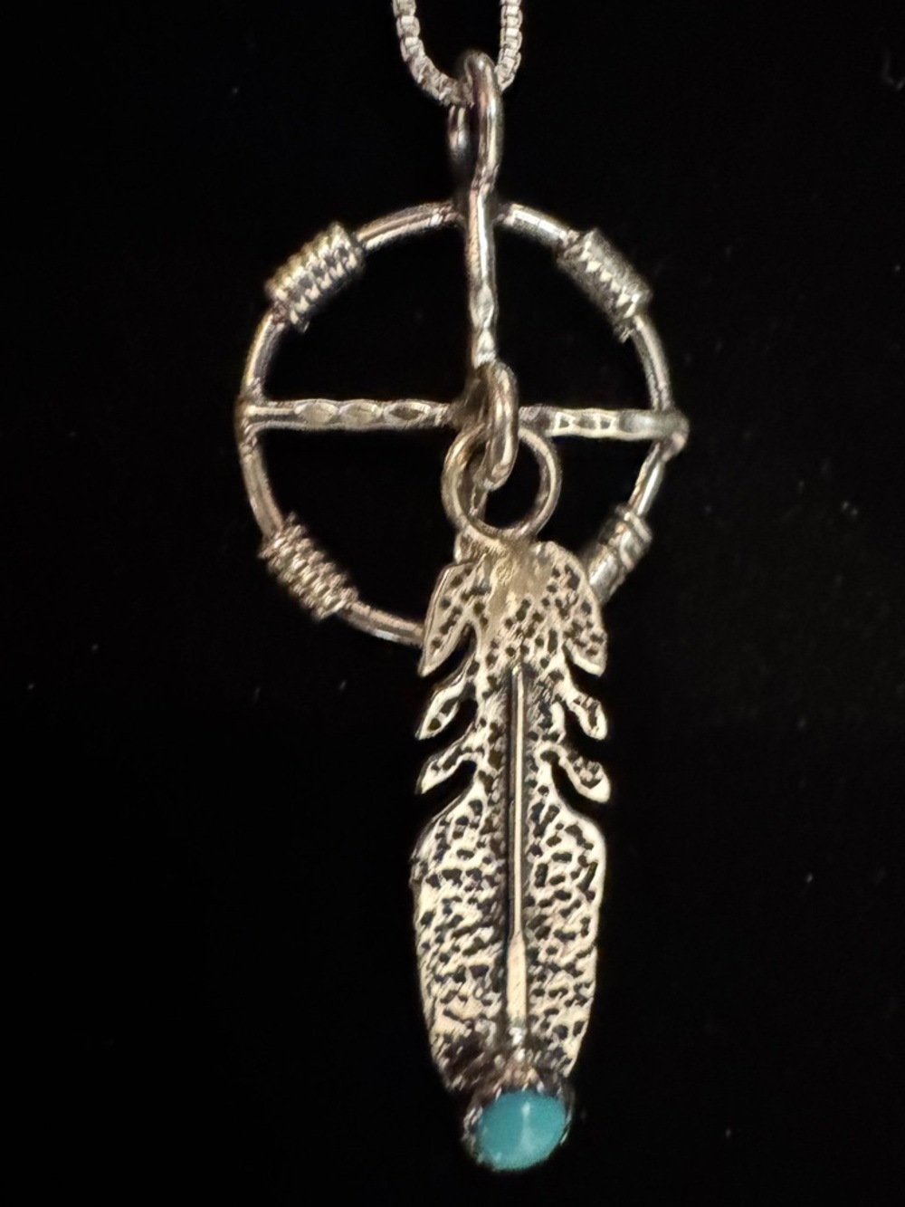 Sterling Silver Feather Dreamcatcher Pendant Necklace with Turquoise Accent‎